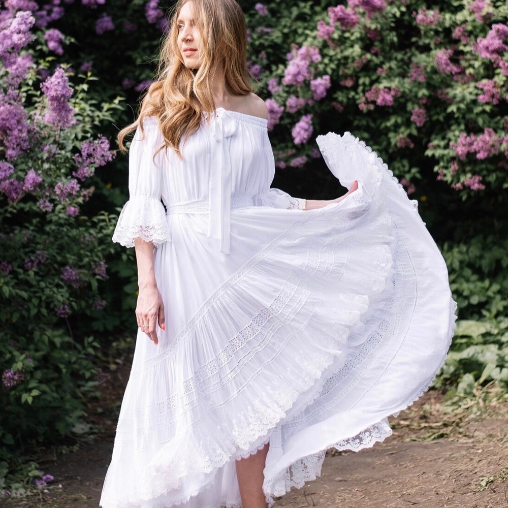White Midi Boho Style Dress with lace. Handmade. S-M Size - Picture 1 of 14